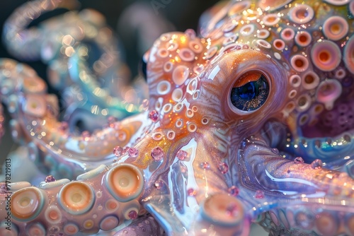 Octopus retro futuristic style, colors neon pink, blue, purple, neon blue, soft pink. Generative AI