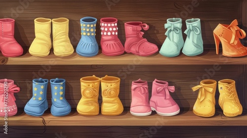 Colorful Handmade Baby Booties Displayed on Wooden Shelves Whimsical of Unique Infant Footwear