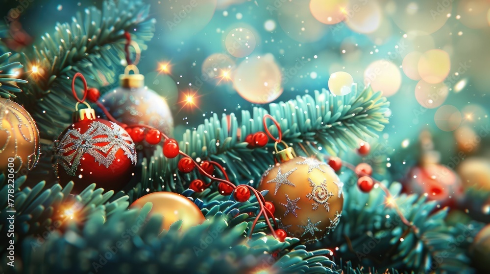 Sparkling Christmas Ornaments Softly Lighting Up a Festive Evergreen Tree