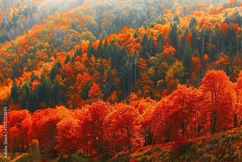 Beautiful orange and red autumn forest, many trees on the orange hills, Bohemian Switzerland National Park, Czech Republic. generative ai.