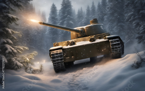Closeup on a T34 Russian tank shooting at a Panzer IV tank in a snowy forest during world war 2