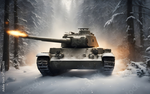 Closeup on a T34 Russian tank shooting at a Panzer IV tank in a snowy forest during world war 2 photo