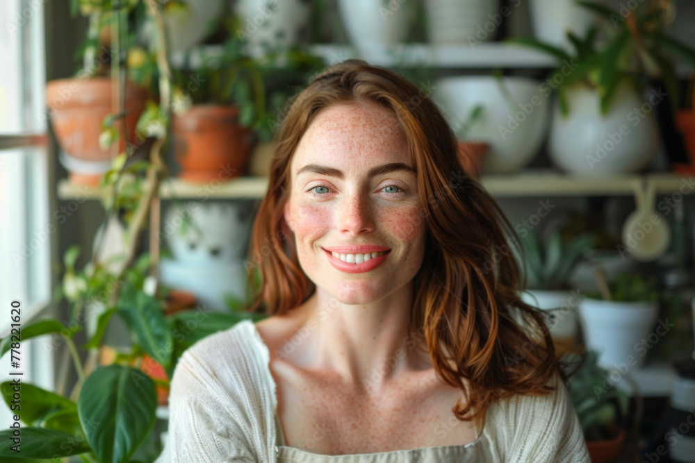 Portrait of smiling red-haired woman with plants indoors and caring for home greenery Portrait of smiling red-haired woman with plants indoors and caring for home greenery