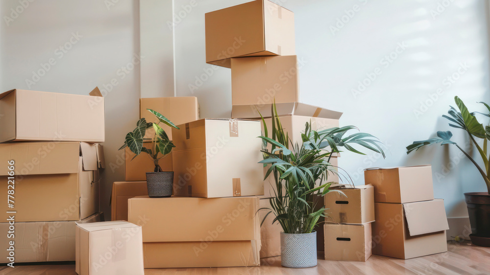 Bunch of paper boxes and flowers pots moving to new house Bunch of paper boxes and flowers pots moving to new house