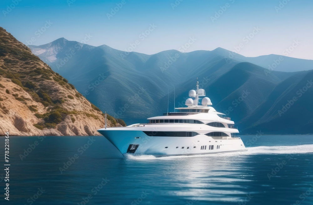 White yacht in the sea against the backdrop of mountains and forest on a sunny day.