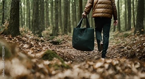 Man with a cloth tote -bag in the forest. photo