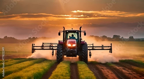 Tratcores watering a crop field.