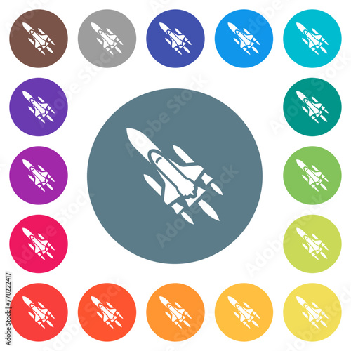 Space shuttle with launchers flat white icons on round color backgrounds