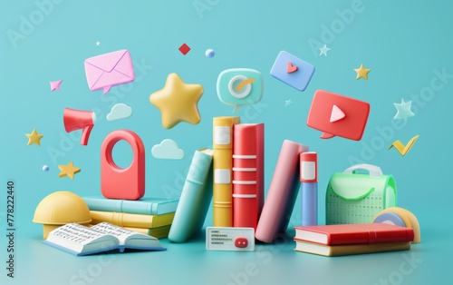 School supplies float out of a book amidst colorful balls on a blue background. 3d render