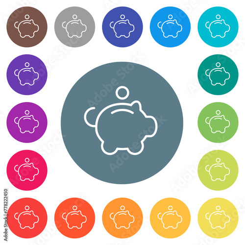 Piggy bank with coin outline flat white icons on round color backgrounds