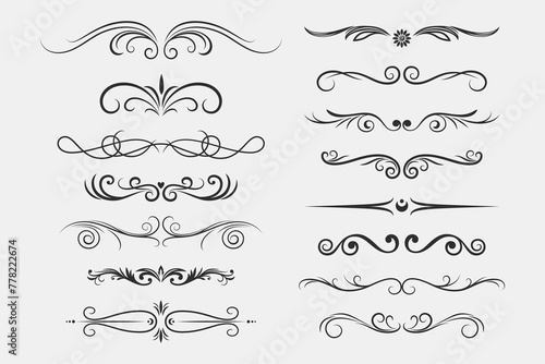 Retro Text Delimiters Set. Vintage Monochrome Text Dividers, Decorative Scrolls, Separators and Header Ornaments. Vector Illustration