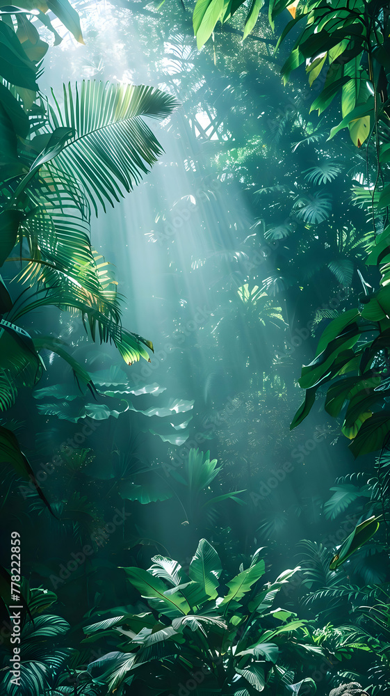 Tropical Forest Vertical Background. Dense Jungle Under Sunbeams