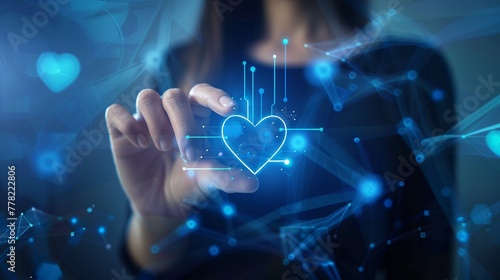 Businesswoman use forefinger touching heart button on virtual screens, internet technology, artificial intelligence and networking concept, blue sci fi tone photo