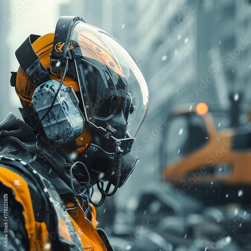 Innovative dust masks and construction machinery merge in a futuristic setting, highlighting technology driven safety photo