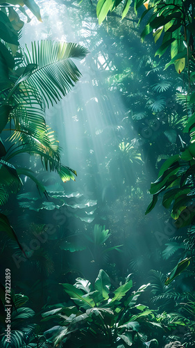 Tropical Forest Vertical Background. Dense Jungle Under Sunbeams