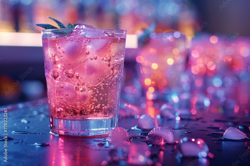 cocktail glass, pink glitter drink in the glass cherry, small octopus retro futuristic style, colors neon pink, blue, purple, neon blue, soft pink cocktail glass, pink glitter drink in the glass cherry, small octopus retro futuristic style, colors neon pink, blue, purple, neon blue, soft pink