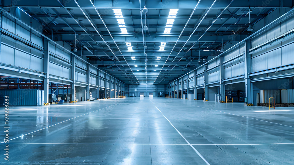 A large modern warehouse with high ceilings and steel beams A large modern warehouse with high ceilings and steel beams