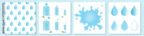 Big set of water design elements. Water containers with different sizes. Water Splash water ripples and drops design elements Clean Fresh Beverage Nature Beverage full of minerals Drink.