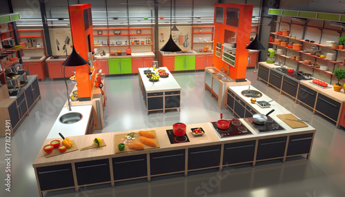 Cooking Competition Arena: A competitive cooking set with multiple cooking stations, pantry shelves, and judges' table for cooking competitions photo