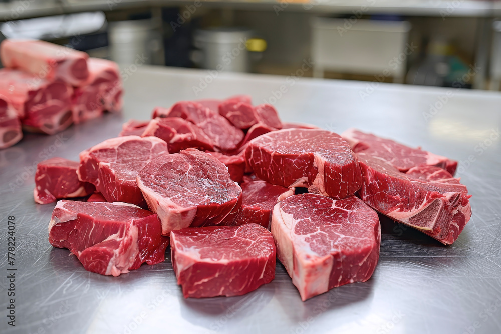 Freshly Cut Beef Emitting a Vivid Red Color, Arranged on a Stainless Steel Worktable in a Bright Kitchen