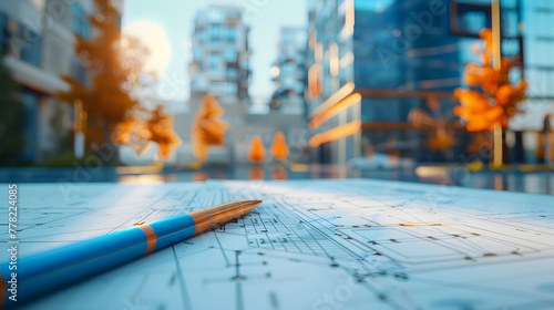 a pen and blueprint on the street in front of modern buildings photo