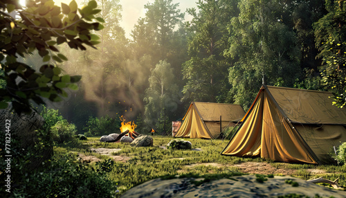 Wilderness Survival Camp: A wilderness camp set with tents, campfire, and outdoor challenges for survival reality shows photo