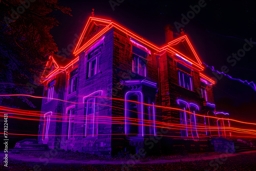 Haunted school made of neon light trails isolated on black background.