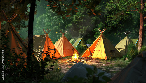 Wilderness Survival Camp: A wilderness camp set with tents, campfire, and outdoor challenges for survival reality shows