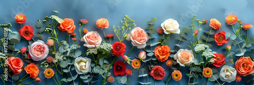 Beautiful spring floral background with colorful roses and different flowers with leaves. High quality