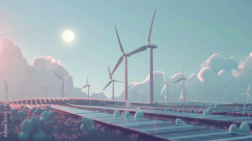 Fototapeta premium Renewable Energy Sources in Dynamic Landscape with Wind Turbines and Solar Panels
