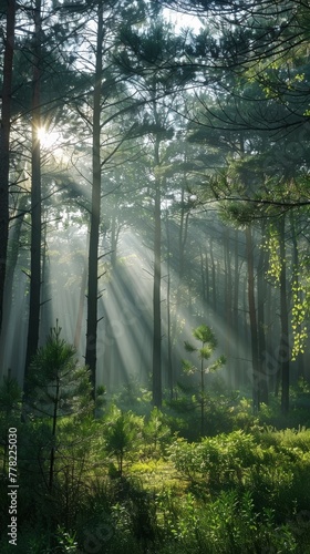 Pine forest. sunlight. god rays. woods. cop. glade. mist. fog. landscape. 