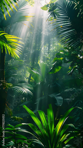 Cinematic photo of dense jungle under the sunbeams. Tropical forest. High quality