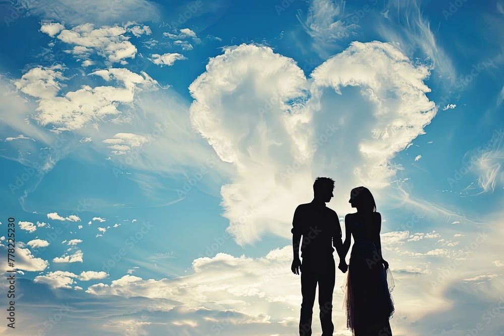 a silhouette of a man and a woman standing in front of a heart shaped cloud