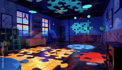 Mystery Puzzle Room: A puzzle-themed room set with clues, puzzles, and interactive challenges for mystery game shows photo