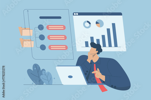 Business technology cloud computing service concept, Data analysis, Storing important data, Categorizing or classifying work files, Male employee is organizing efficient work on dashboard.
