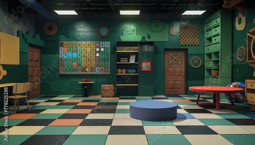 Mystery Puzzle Room: A puzzle-themed room set with clues, puzzles, and interactive challenges for mystery game shows photo