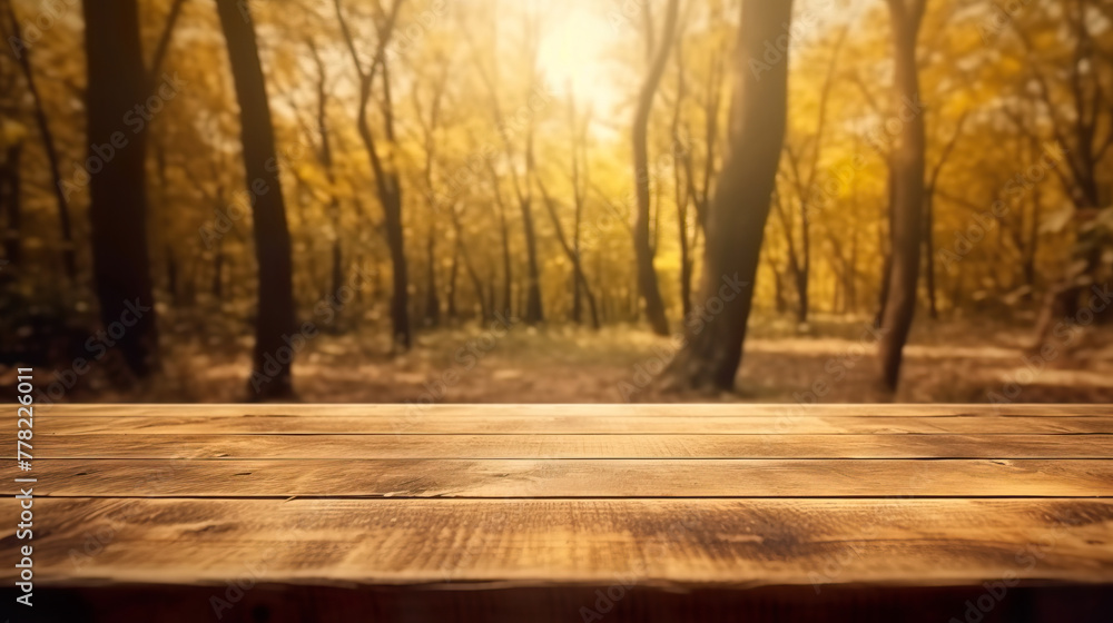 Wooden platform with a blurred autumn backdrop.
Wooden platform with a blurred autumn backdrop.