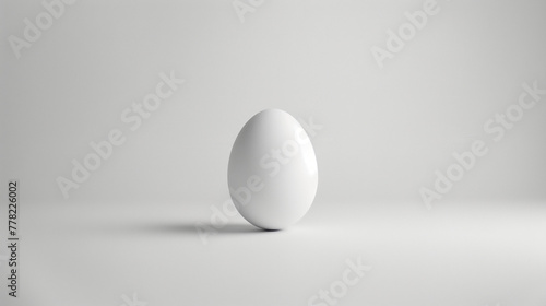 Single white egg on a white background with copy space. Minimalist concept for design and print. Food photography, simplicity and purity concept.
