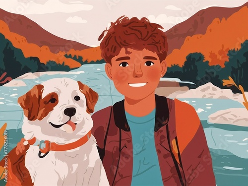 A portrait of a teenage boy with his dog. Sketch flat simple illustration.