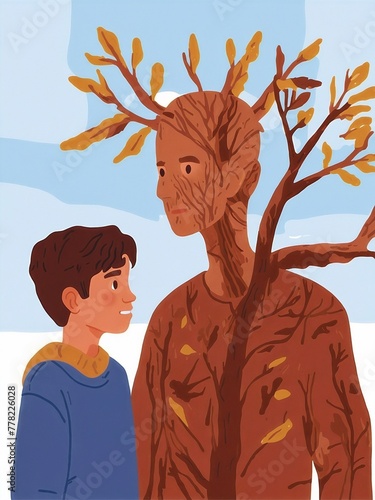 A human alive dried tree talks to a teenage boy. Sketch flat simple illustration.