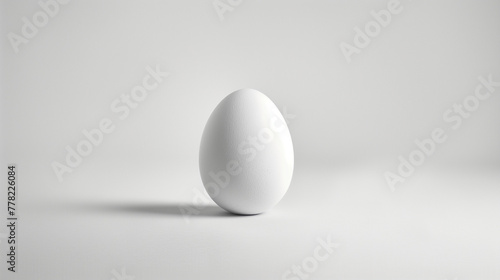 Single white egg on a white background with copy space. Minimalist concept for design and print. Food photography, simplicity and purity concept.