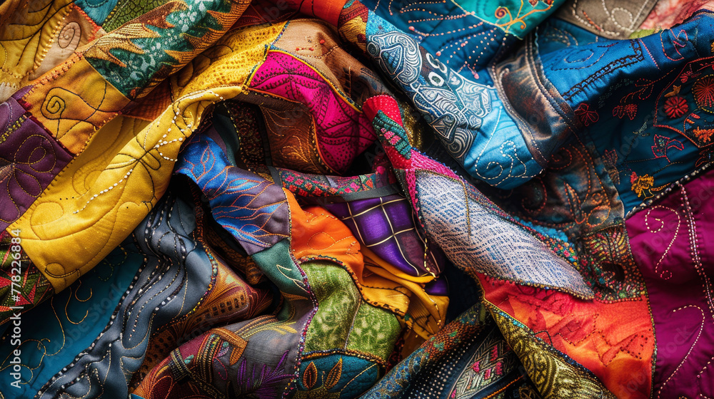 Colorful patchwork quilt in a close-up view displaying a variety of patterns and stitches