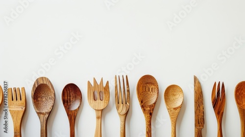 Eco-friendly wooden utensils collection on minimalist background photo