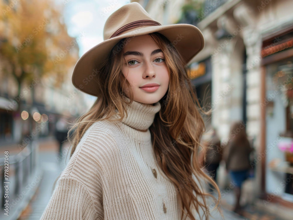 Fashionable woman in a chic hat and sweater enjoying a city street Fashionable woman in a chic hat and sweater enjoying a city street