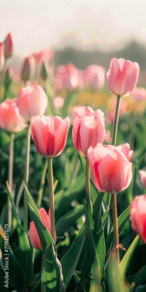 Field of Pink Tulips With Sky Background