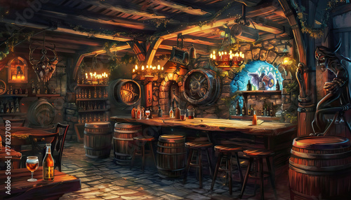 Fantasy Tavern Inn: A fantasy tavern set with medieval decor, ale barrels, and mythical creatures for fantasy role-playing shows © Lila Patel