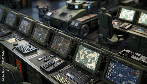 Military Base Command Center: A military base set with command consoles, army vehicles, and military equipment for military-themed shows © Lila Patel