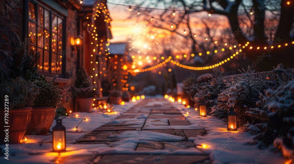 Fairy lights glow, creating a magical winter wonderland atmosphere