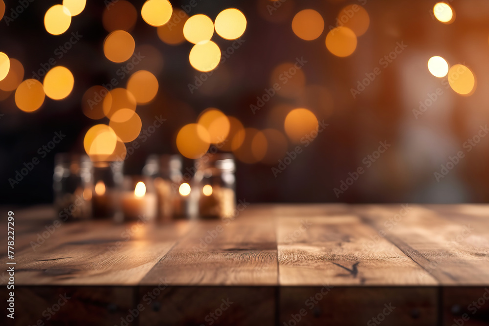Wooden platform on soft bokeh lights Wooden platform on soft bokeh lights