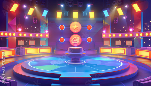 Interactive Game Show Arena: A game show arena set with interactive games, audience participation, and prize giveaways for interactive game shows